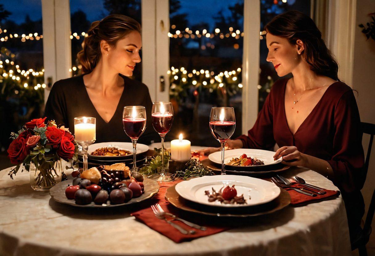 A cozy candlelit dinner table set for two, adorned with elegant dishes, rich colors, and soft textures. A couple sharing a warm embrace, surrounded by romantic decorations like flowers and string lights. A glass of red wine and a dessert plate, evoking intimacy and connection. Soft shadows and a dreamy atmosphere to enhance the feeling of love. super-realistic. warm tones. soft focus.
