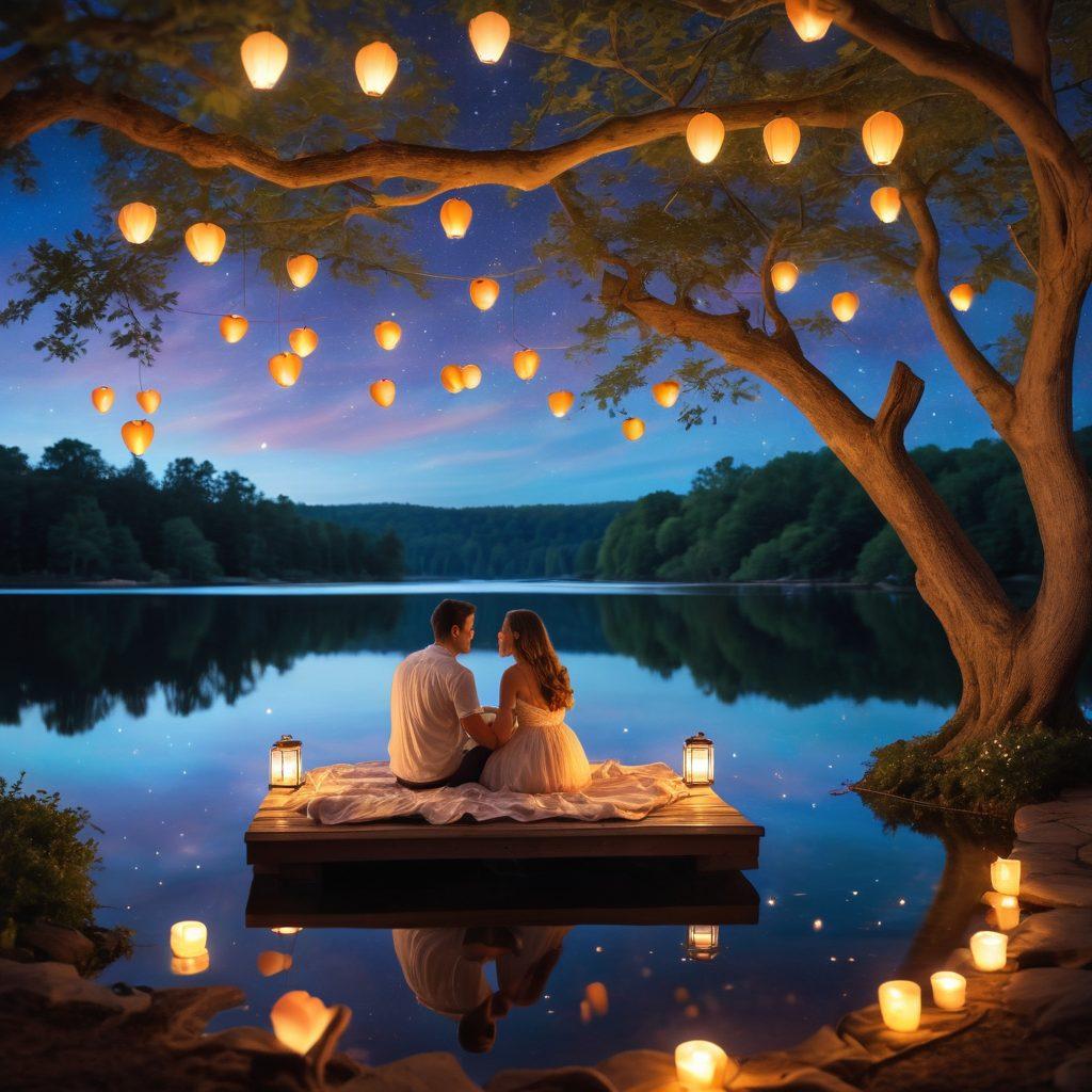 A romantic scene featuring a couple sitting under a twinkling night sky, surrounded by glowing heart-shaped lanterns. The couple is engaged in a heartfelt conversation, their expressions conveying warmth and connection. Delicate flowers and candles are scattered around a cozy picnic setup, symbolizing intimacy and togetherness. The backdrop features soft, flowing trees and a shimmering lake reflecting the stars, creating a dreamy atmosphere. vibrant colors. painting.